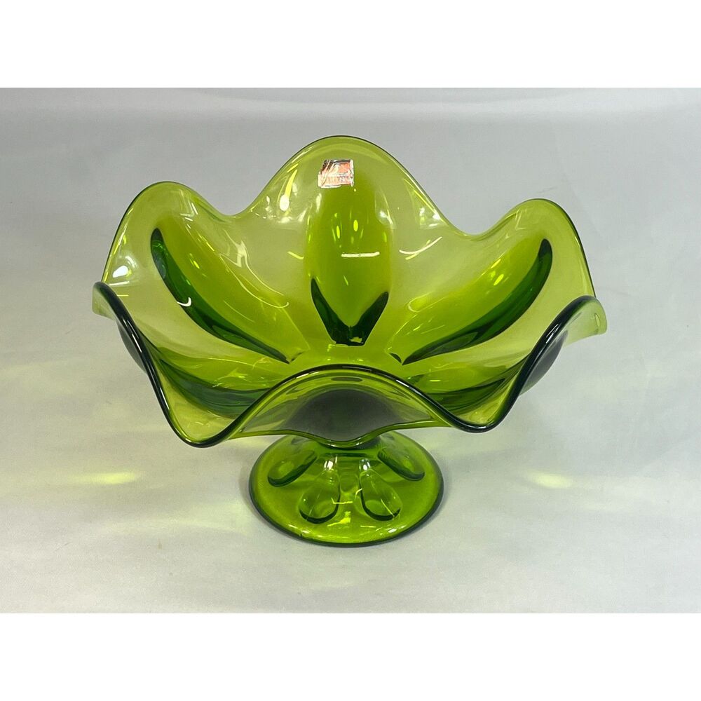 MCM Viking Epic Line Glass 6 Petal Green Glass Compote Candy Dish Pedestal Bowl